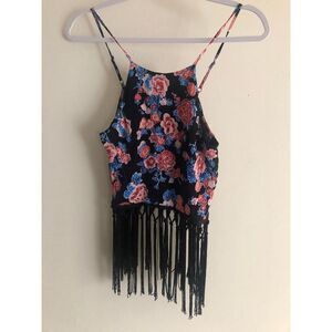 Forever 21 Strappy floral black tank top with fringe size M